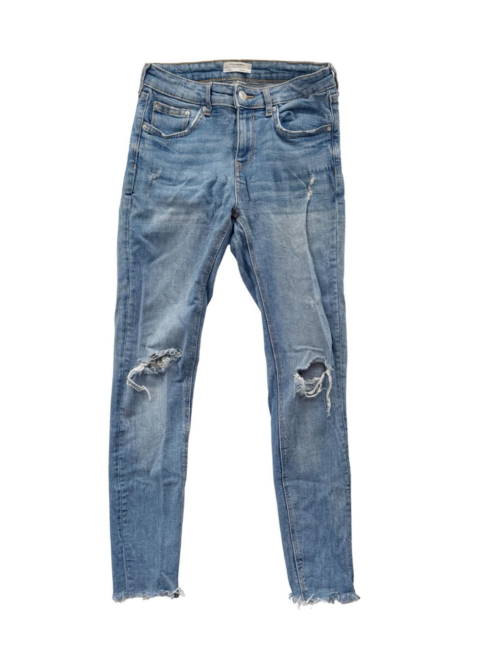 Zara Medium Blue Skinny Jeans With Mid Rise and Distressing Sz 2